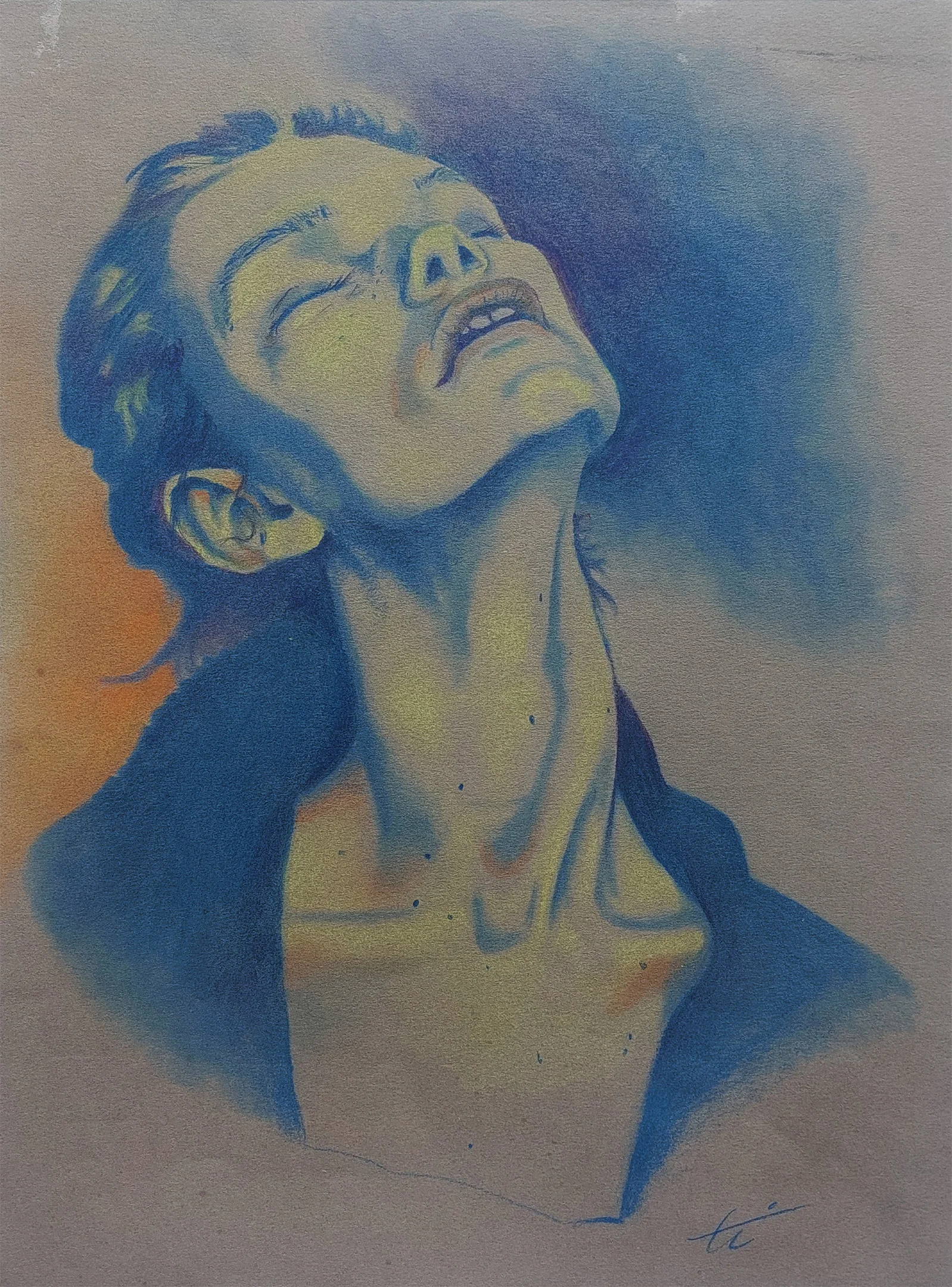 Portrait of figure with elongated neck gazing upward in blue and orange tones